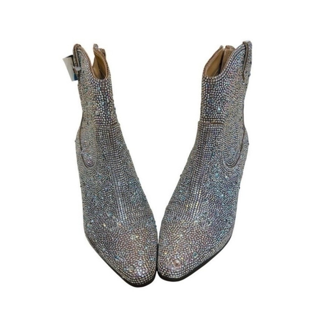 Rhinestone Western Ankle Boots Iridescent Crystal Cowboy Booties Silver Pointed